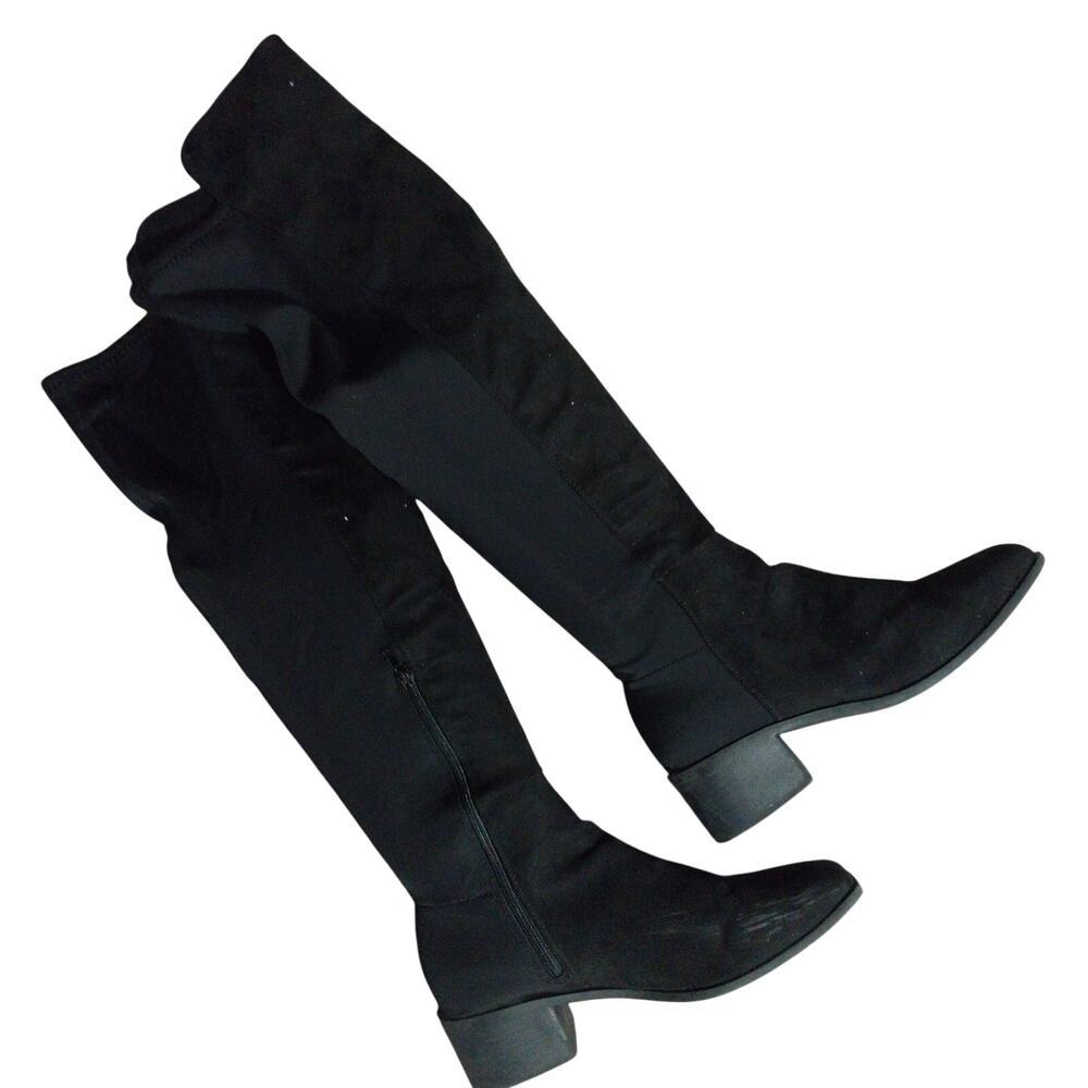 ROUGE 9!BLACK VEGAN LEATHER, STRETCH ELASTIC CHUNKY HEEL, TO THE KNEE BOOTS! 10M
